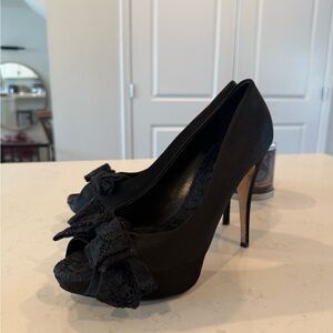 Dolce & Gabbana Satin Black Lace Bow Heels